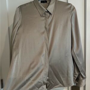 Theory Satin Button-Up Blouse in Taupe